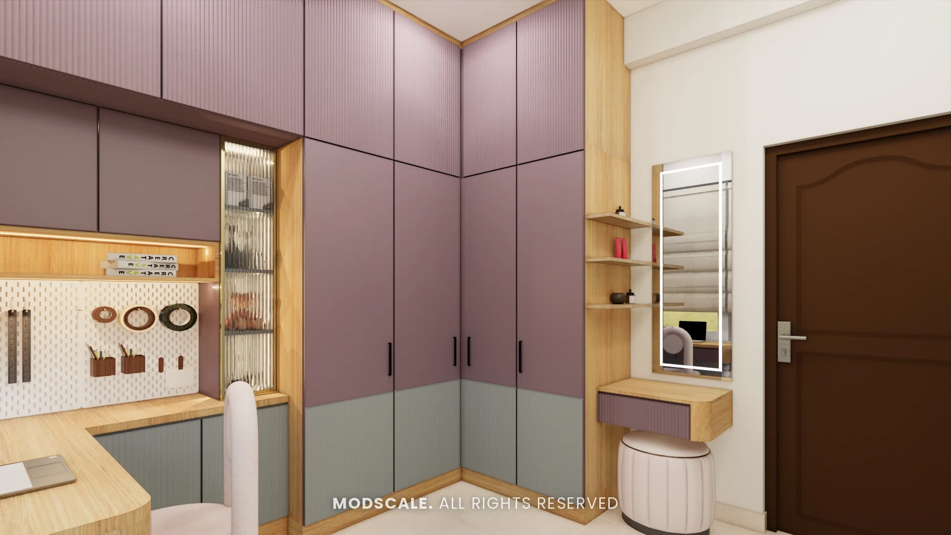 Kids corner wardrobe with dresser, mirror and open shelves, Amrita Gupta’s home interior on Sarjapur Road
