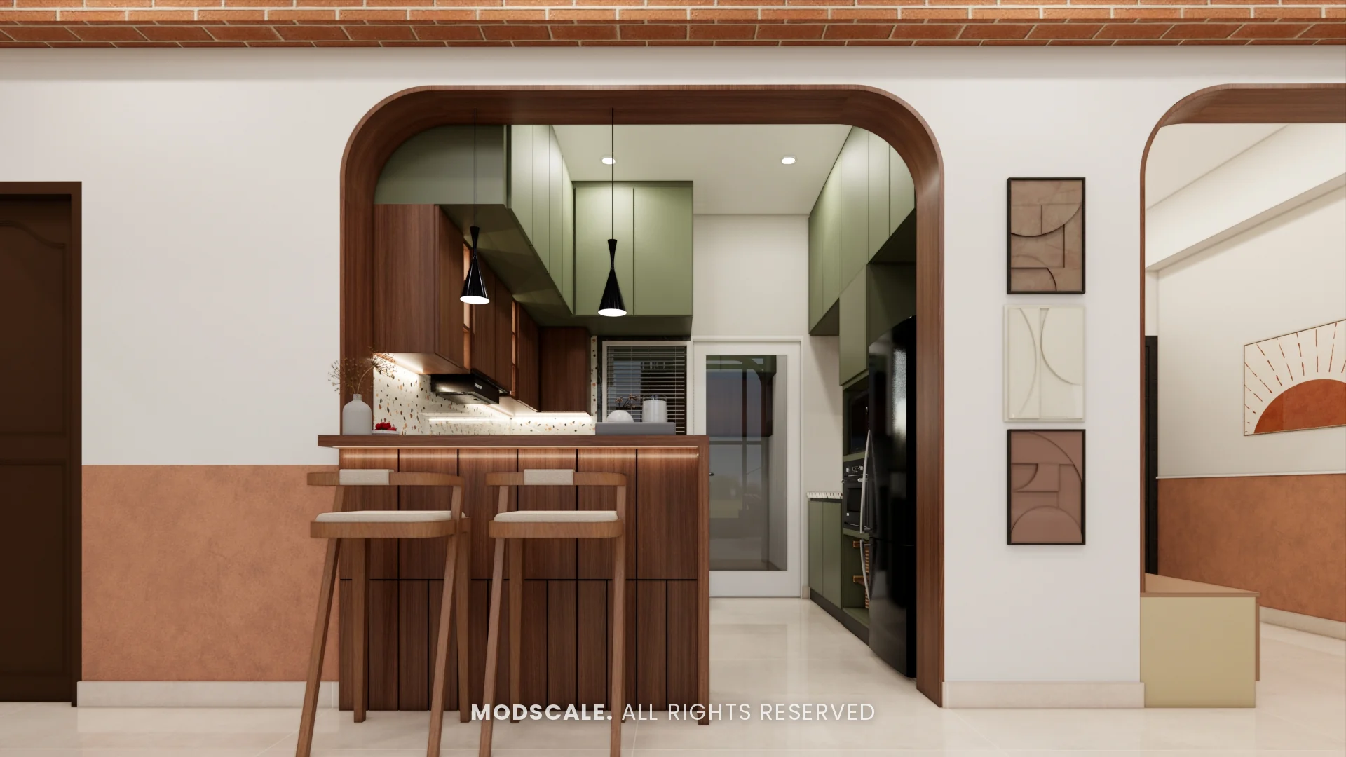 Kitchen seen through the arched opening with breakfast counter in front, Amrita Gupta’s home interior on Sarjapur Road