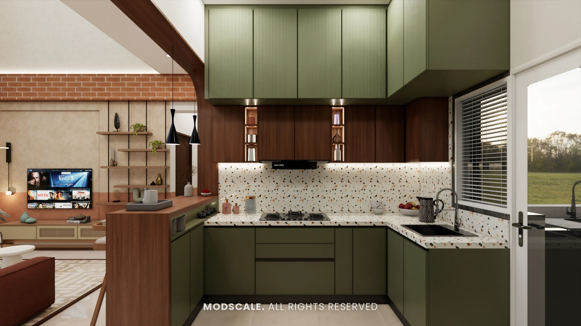 U-shaped modular kitchen with eucalyptus green cabinets and patterned backsplash, Amrita Gupta’s home interior on Sarjapur Road