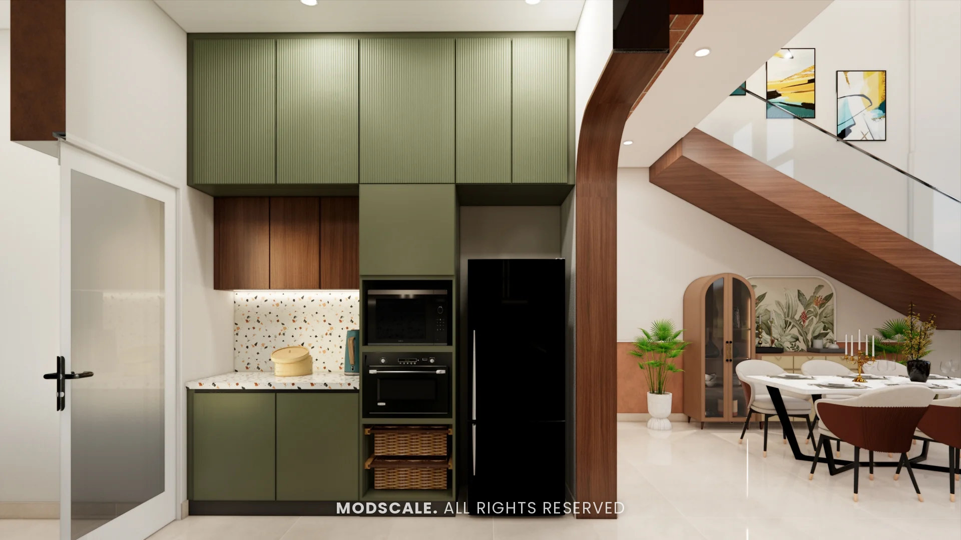 Kitchen tall units in green with built-in oven and refrigerator, Amrita Gupta’s home interior on Sarjapur Road