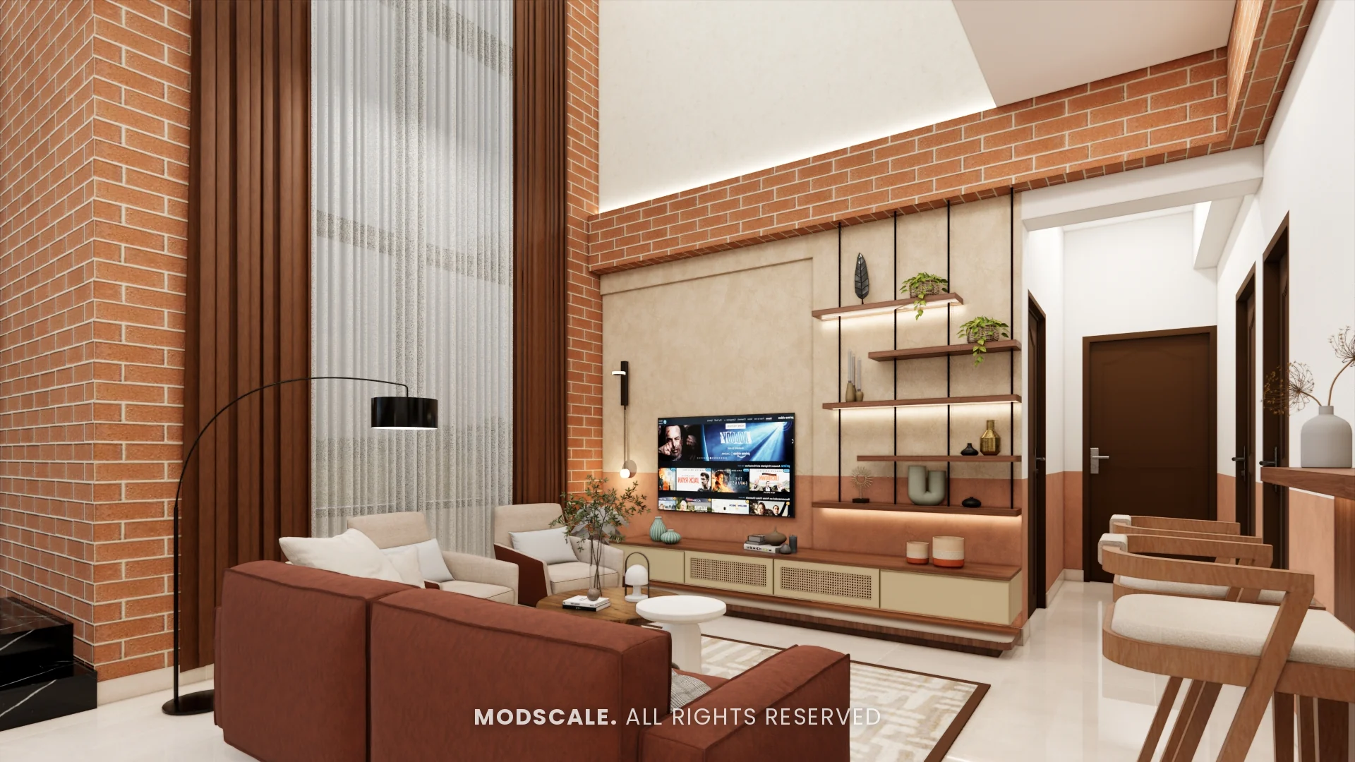 Living room seating facing the brick TV wall, Amrita Gupta’s home interior on Sarjapur Road