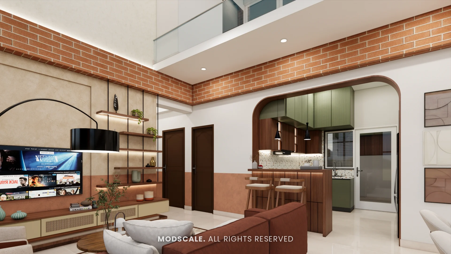 Living room view towards the arched kitchen opening and upper-floor railing, Amrita Gupta’s home interior on Sarjapur Road