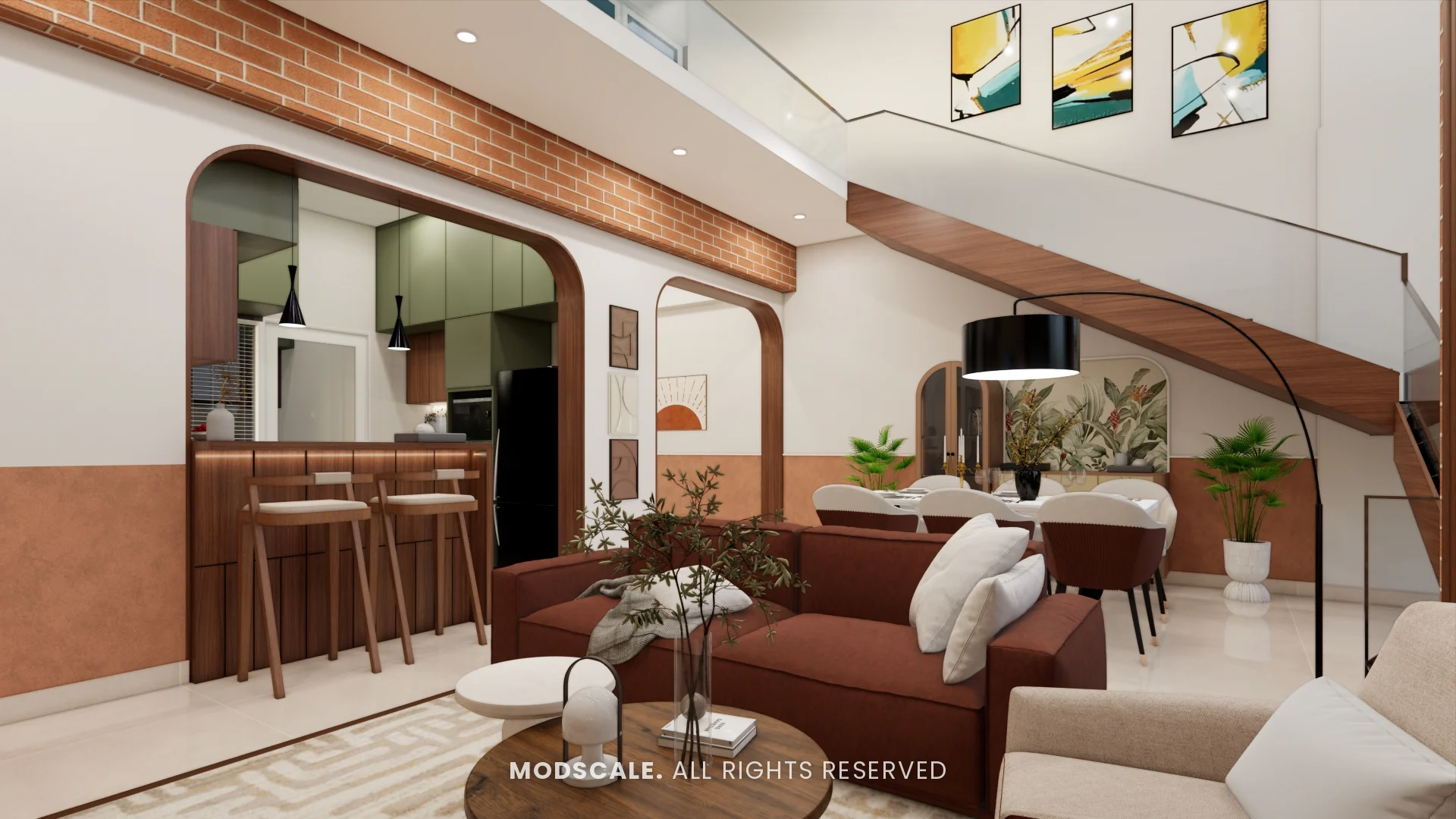 Living room with arched opening to the breakfast counter and staircase behind, Amrita Gupta’s home interior on Sarjapur Road