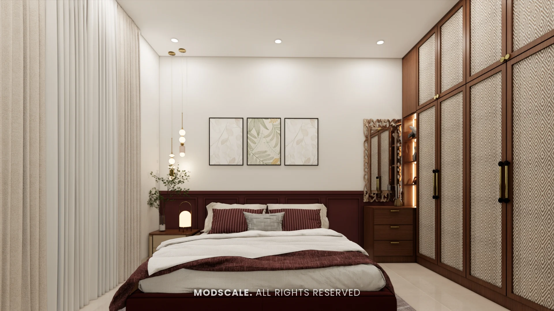 Master bedroom with maroon bedding, framed art and wardrobes with rattan-look shutters, Amrita Gupta’s home interior on Sarjapur Road