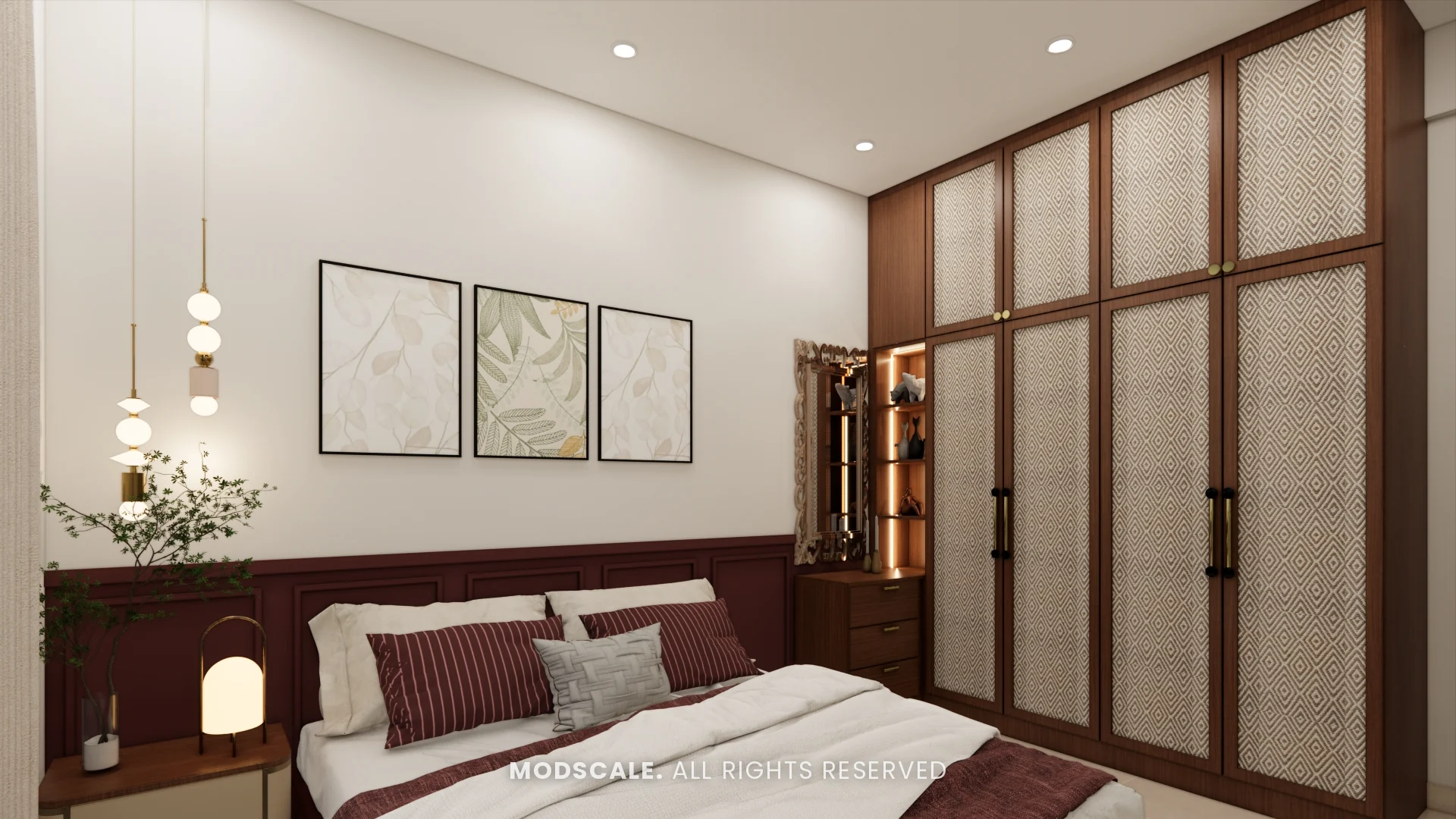 Master bedroom wardrobe wall with wood frames and textured shutters, Amrita Gupta’s home interior on Sarjapur Road
