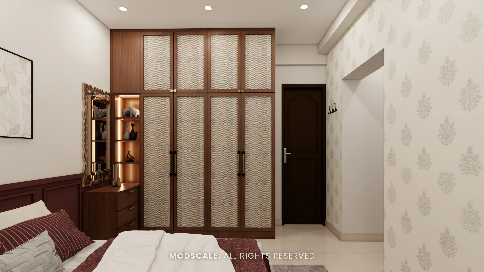Master bedroom wardrobe with glass display section and patterned wallpaper, Amrita Gupta’s home interior on Sarjapur Road