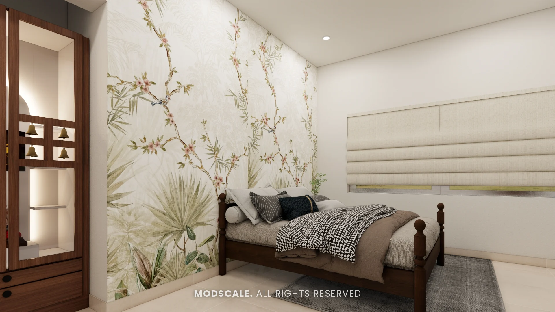 Parents bedroom with floral mural wall and wooden bed, Amrita Gupta’s home interior on Sarjapur Road