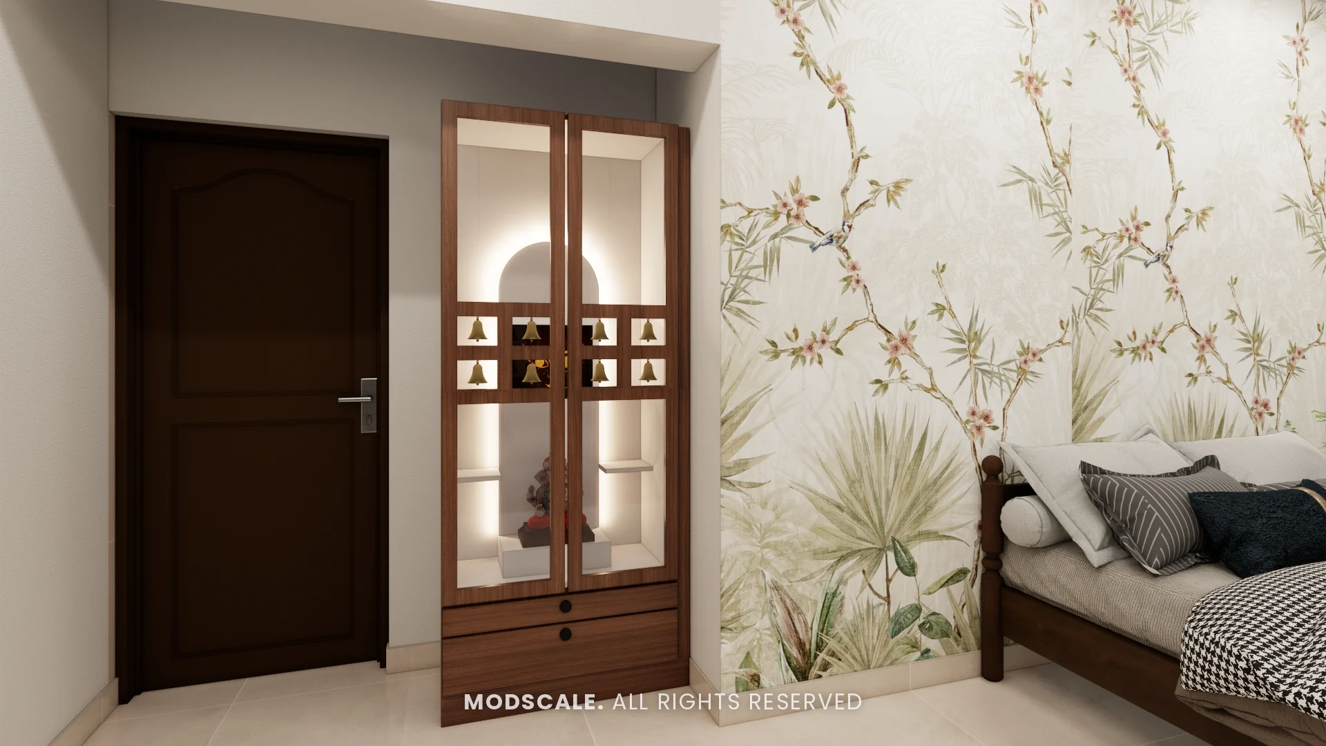 Parents bedroom entrance with backlit pooja niche beside the mural wall, Amrita Gupta’s home interior on Sarjapur Road