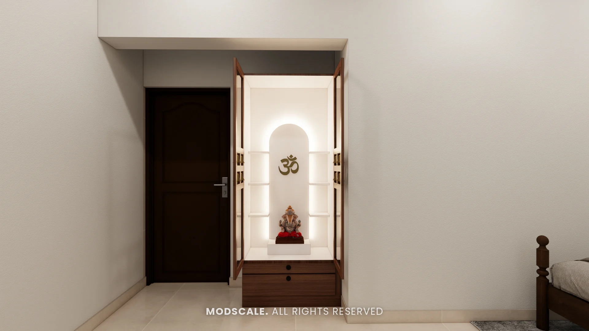 Backlit arched pooja niche with glass shutters, Amrita Gupta’s home interior on Sarjapur Road