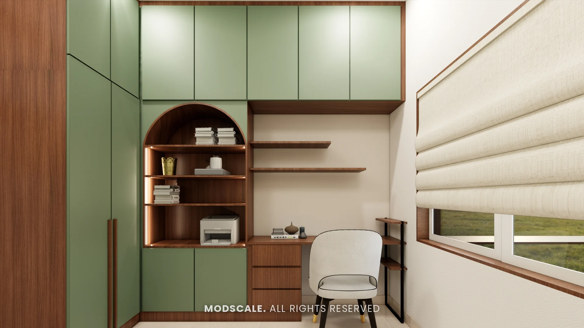 Study with jade green storage wall, arched display niche and desk, Amrita Gupta’s home interior on Sarjapur Road