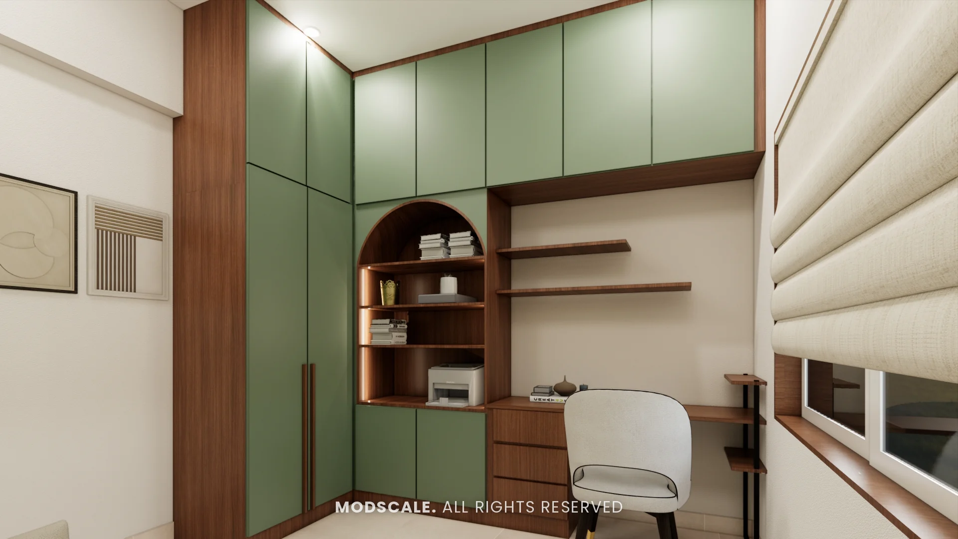 Study desk by the window with green overhead cabinets, Amrita Gupta’s home interior on Sarjapur Road