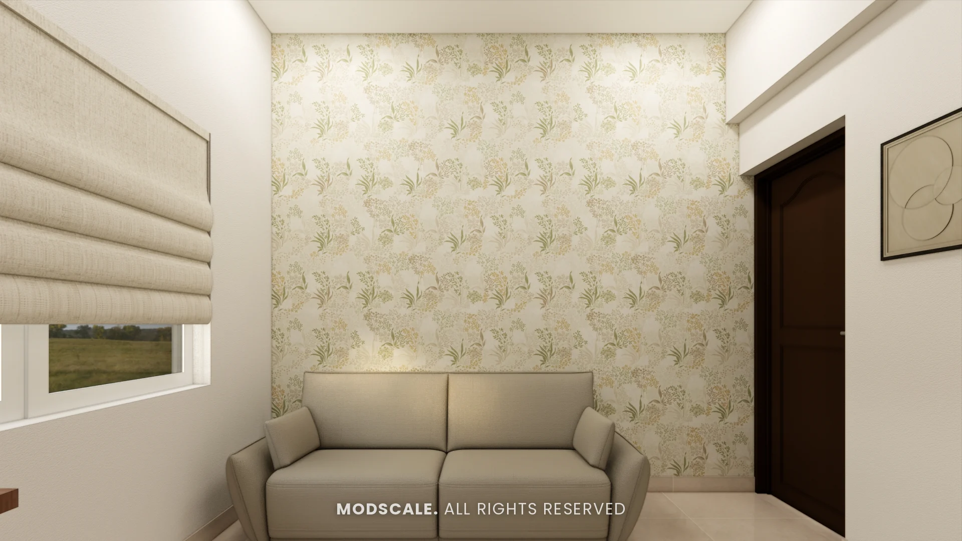 Study sofa nook with botanical wallpaper, Amrita Gupta’s home interior on Sarjapur Road
