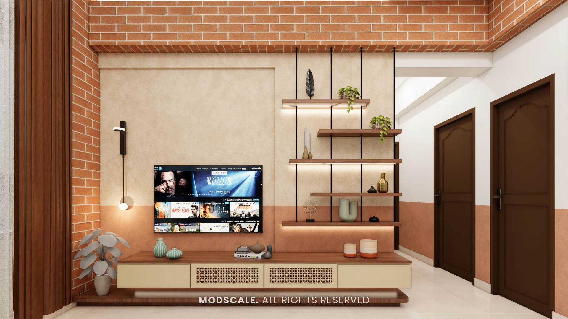 TV unit on an exposed brick wall with open wooden shelves, Amrita Gupta’s home interior on Sarjapur Road