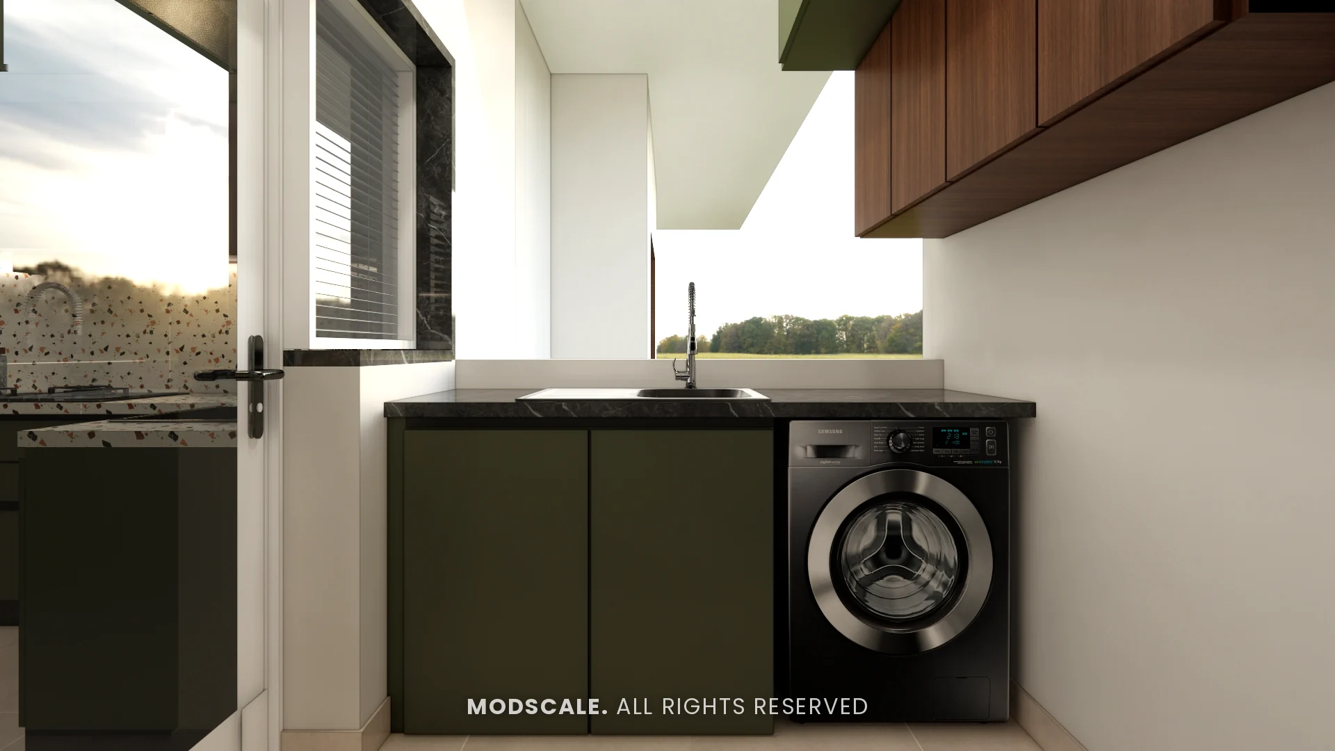 Utility area with green base cabinets, sink and washing machine bay, Amrita Gupta’s home interior on Sarjapur Road