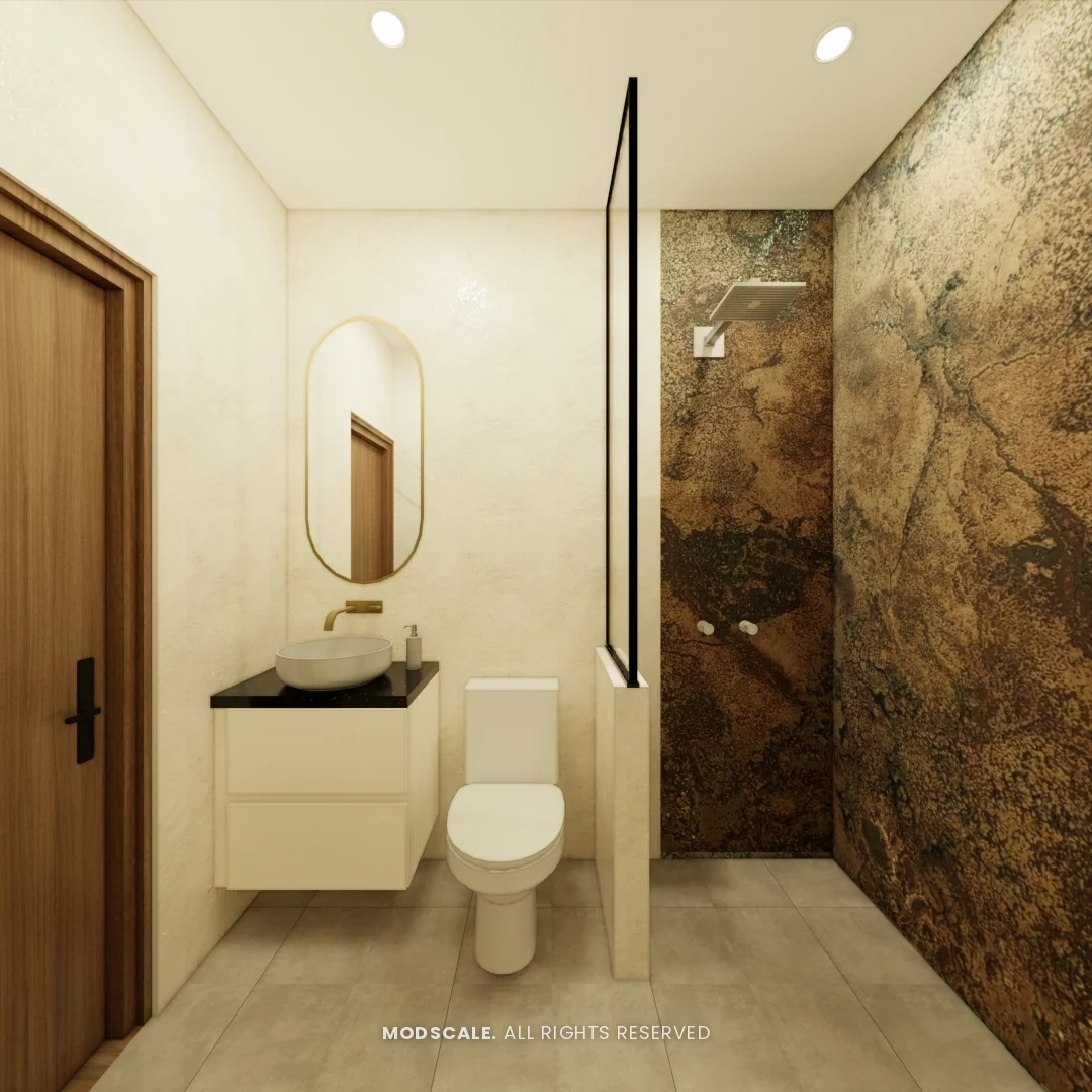 Bathroom with copper-toned stone-look feature tile, pill-shaped mirror and floating vanity, Ankur’s home interior at Purva Panorama, Bannerghatta Road