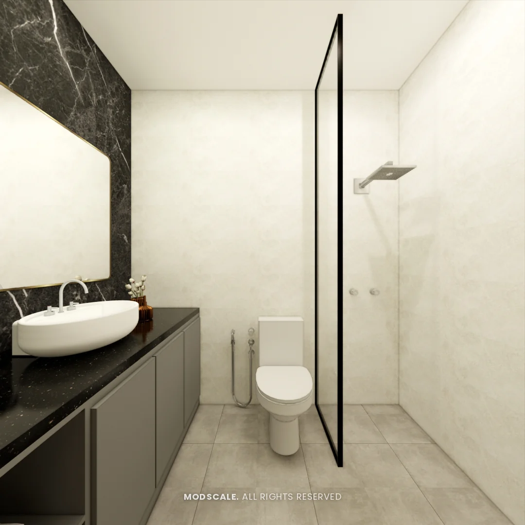 Bathroom with black marble-finish vanity wall, long counter and glass shower screen, Ankur’s home interior at Purva Panorama, Bannerghatta Road