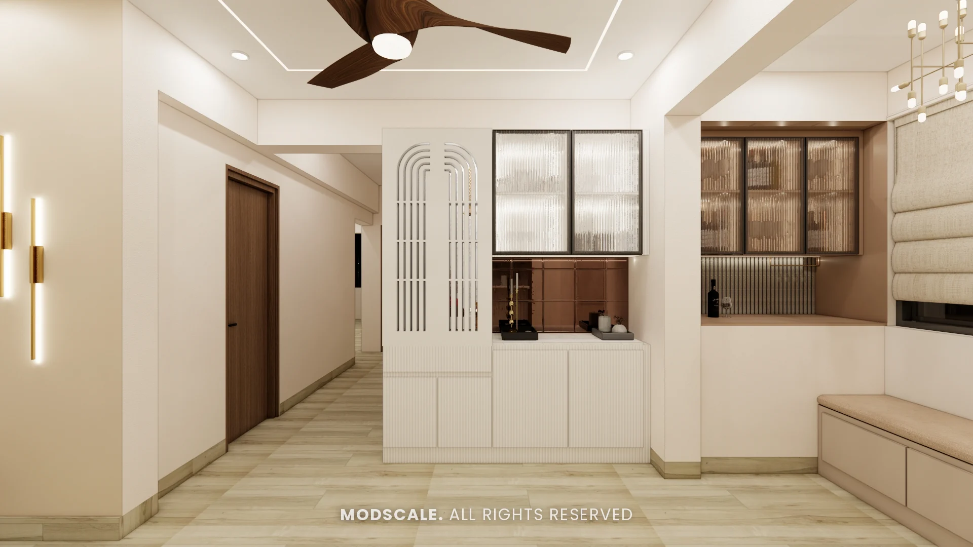 White crockery unit with arched slat partition and fluted glass shutters, Ankur’s home interior at Purva Panorama, Bannerghatta Road