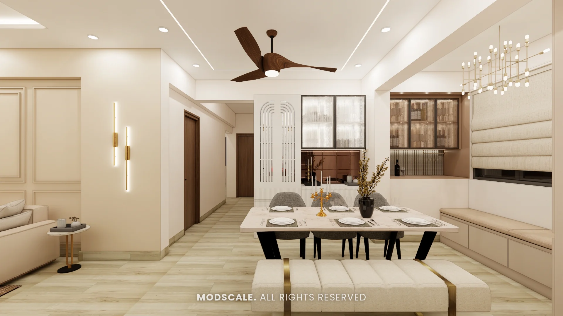 Dining table with bench seating, window seat and chandelier, with crockery unit behind, Ankur’s home interior at Purva Panorama, Bannerghatta Road