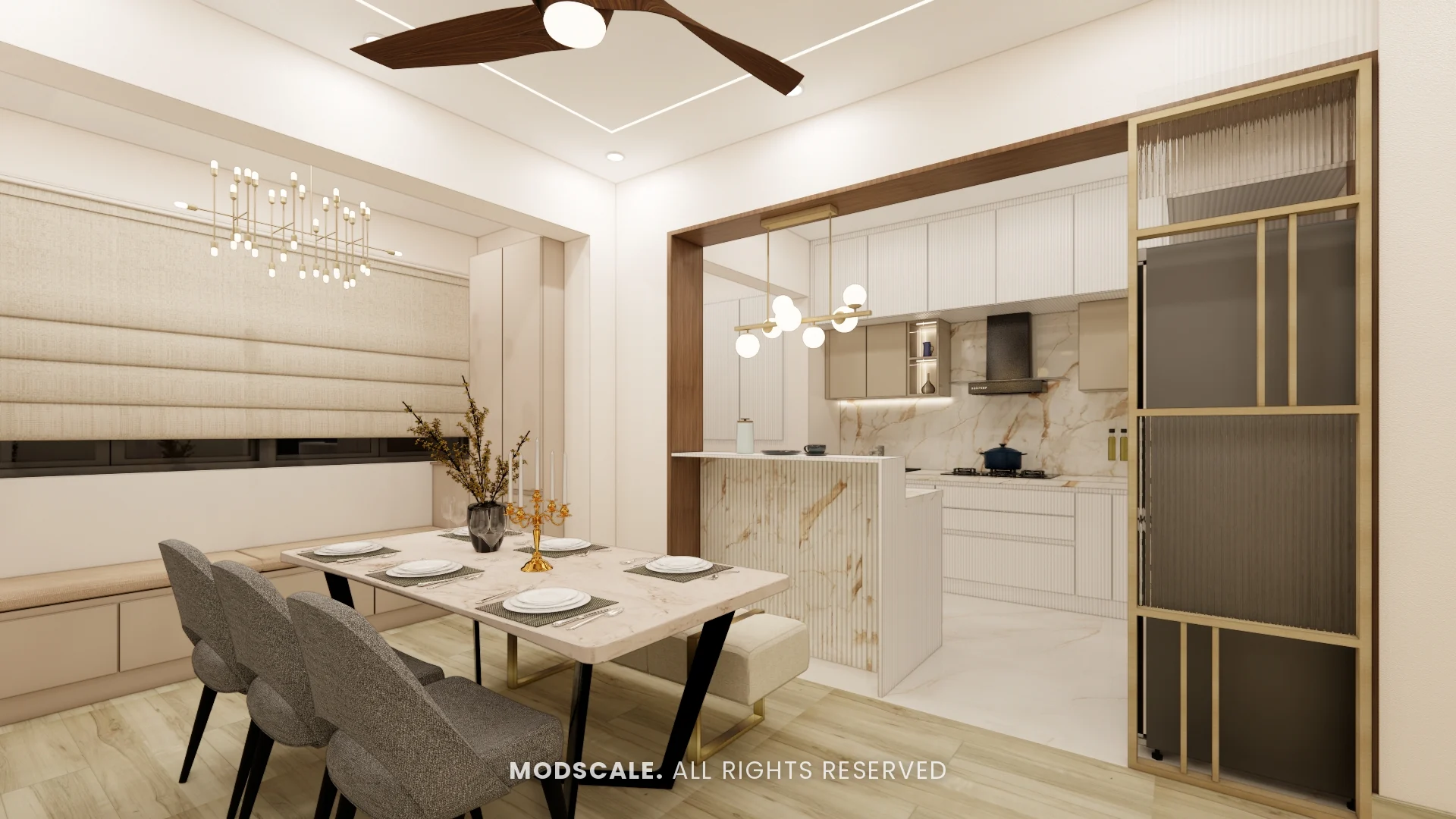 Dining area opening to the kitchen with marble-finish breakfast counter and gold-framed sliding partition, Ankur’s home interior at Purva Panorama, Bannerghatta Road