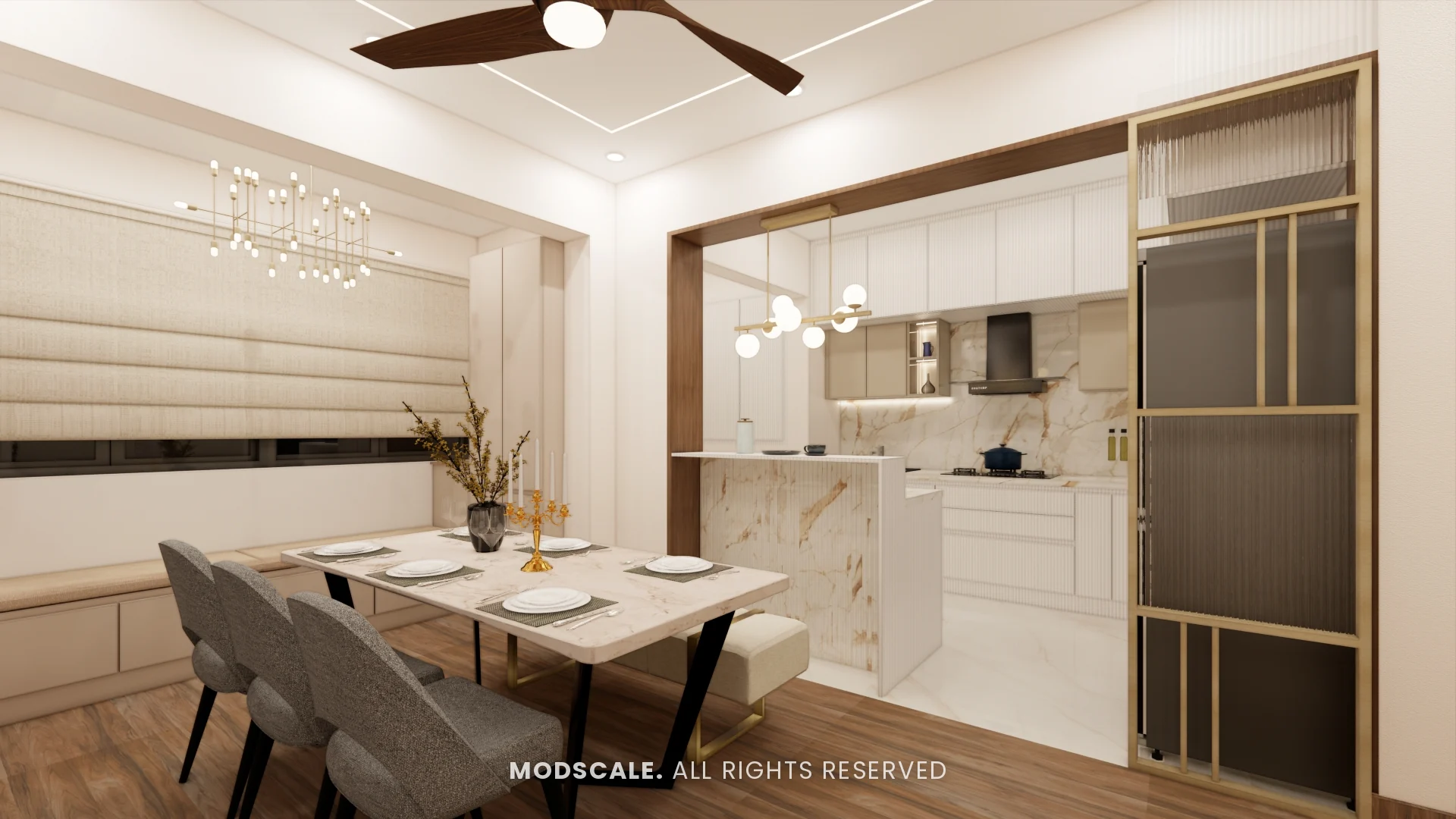 Dining area and kitchen shown with the wood-look floor tile option, Ankur’s home interior at Purva Panorama, Bannerghatta Road