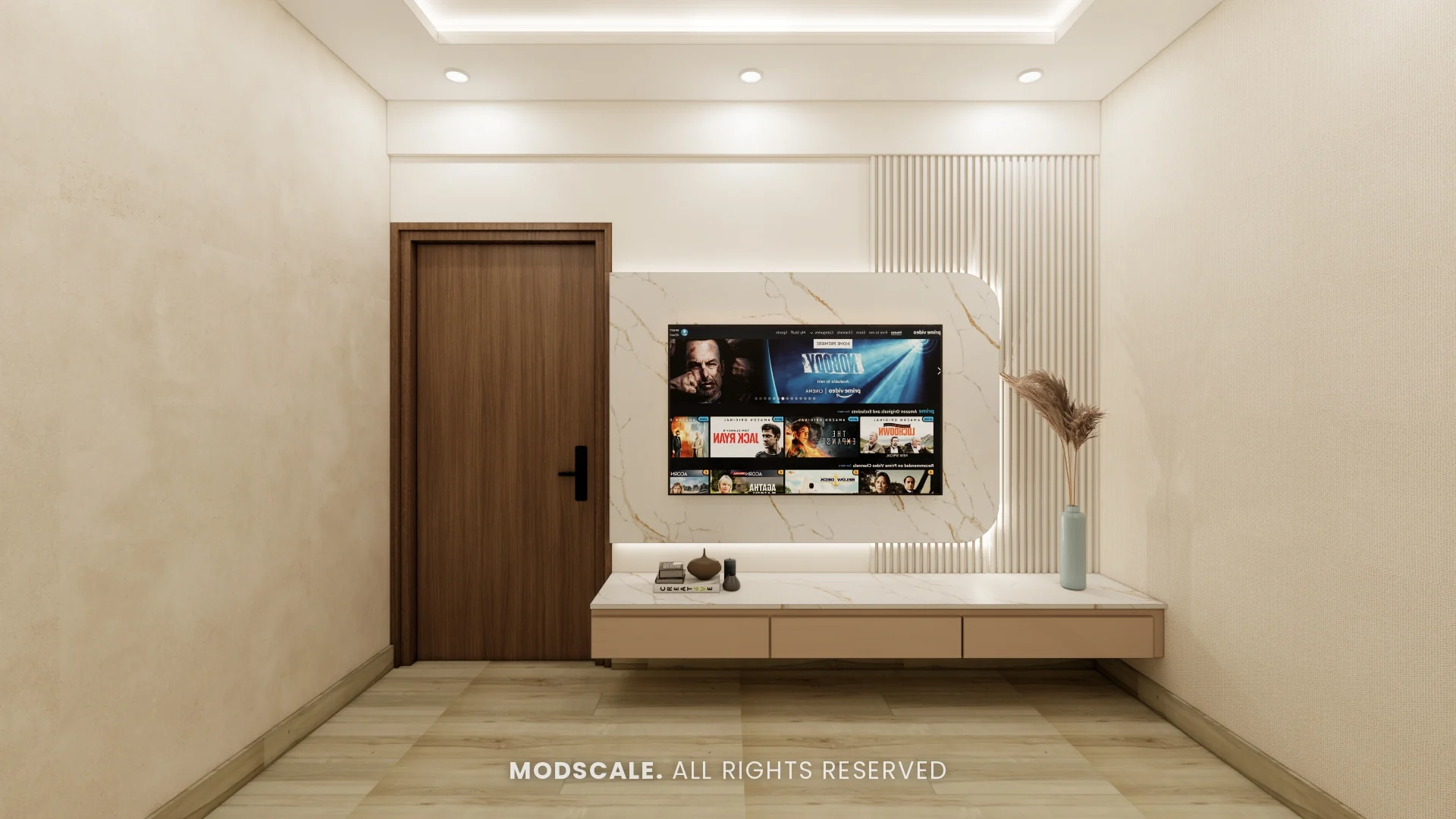 TV unit with marble-finish back panel, fluted backdrop and floating ledge, Ankur’s home interior at Purva Panorama, Bannerghatta Road