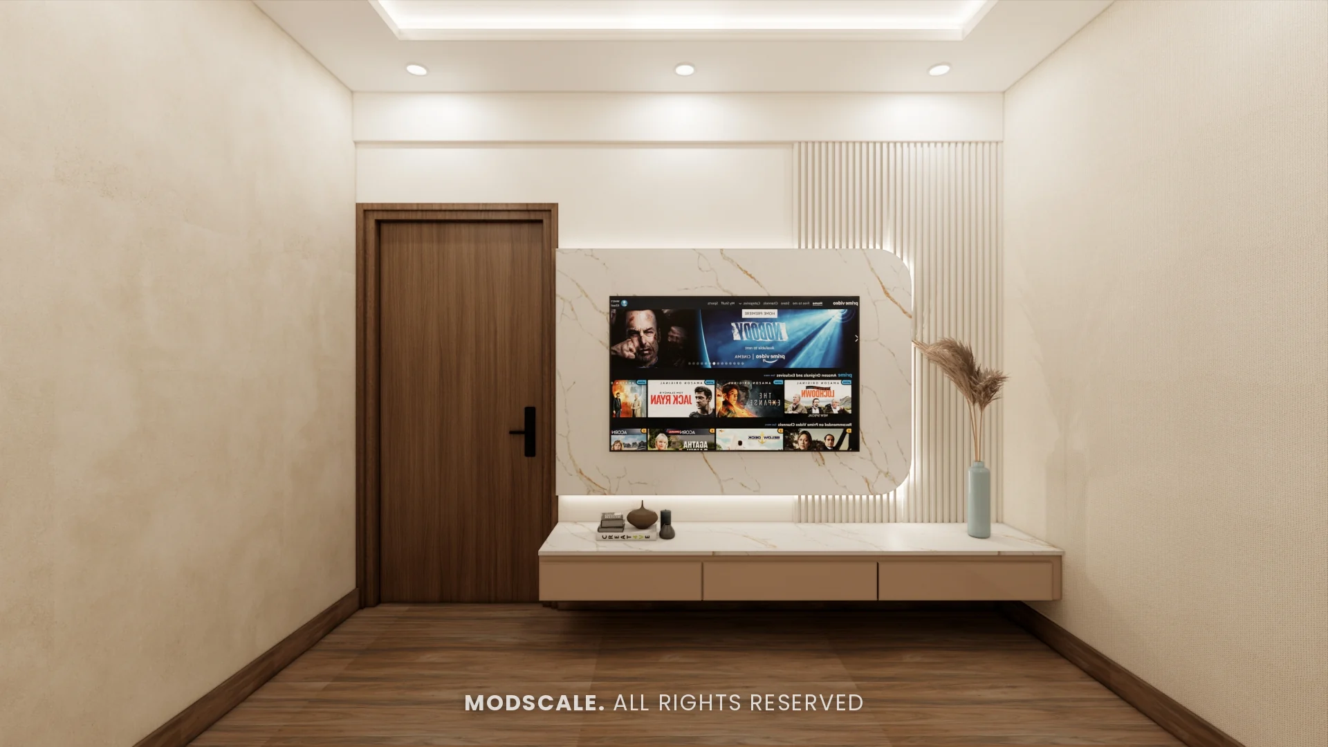 TV unit shown with the wood-look floor tile option, Ankur’s home interior at Purva Panorama, Bannerghatta Road