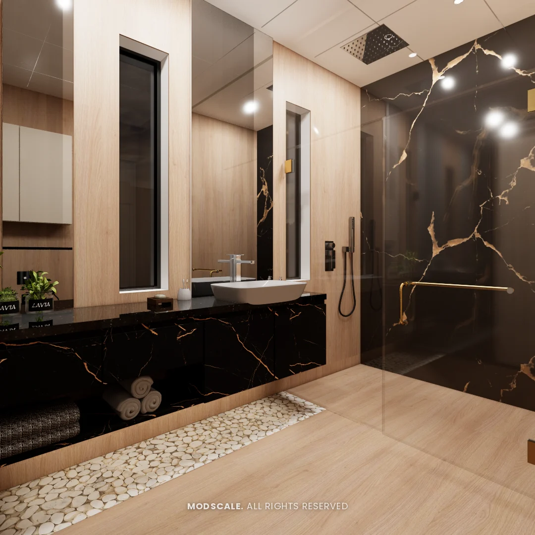 Bathroom shower area with black and gold marble wall and glass screen, Annu’s villa interior at Purva Woodfield, Chandapura, Bengaluru