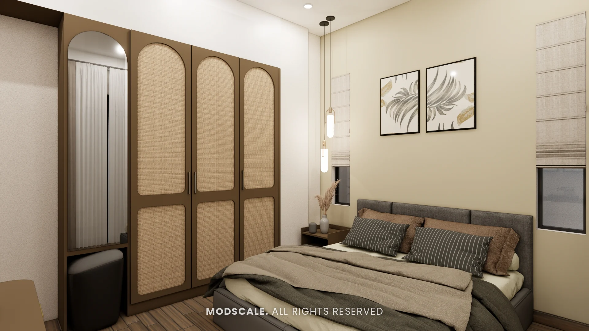 Bedroom with arched cane-panel wardrobe, grey upholstered bed and pendant lights, Annu’s villa interior at Purva Woodfield, Chandapura, Bengaluru