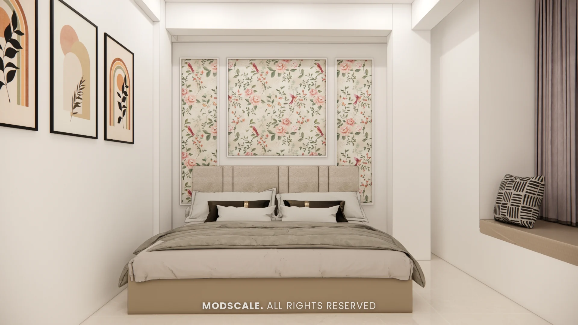 Bedroom with floral wallpaper panels in white mouldings and beige headboard, Annu’s villa interior at Purva Woodfield, Chandapura, Bengaluru