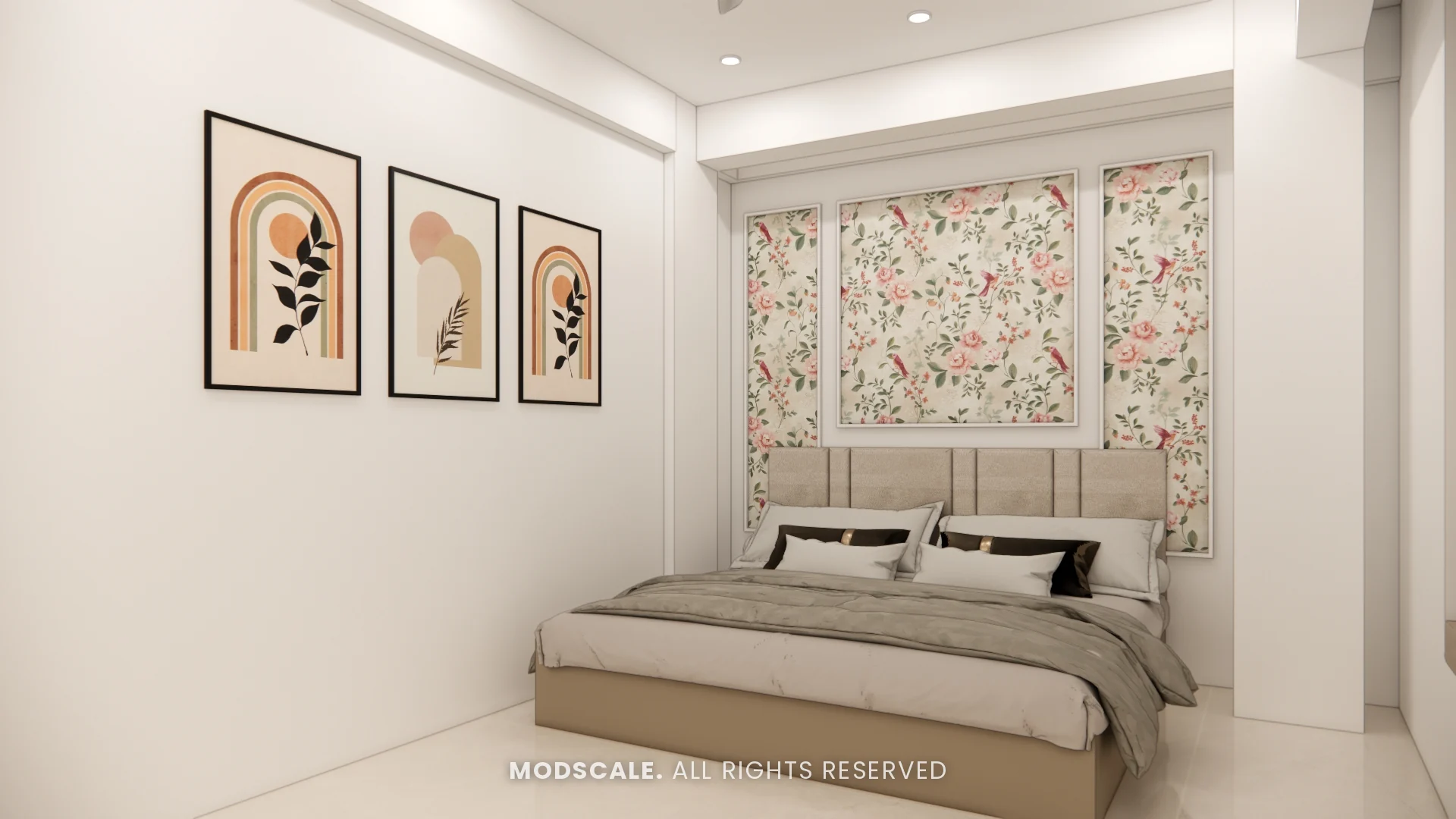 Bedroom with framed arch prints and floral panelled headboard wall, Annu’s villa interior at Purva Woodfield, Chandapura, Bengaluru