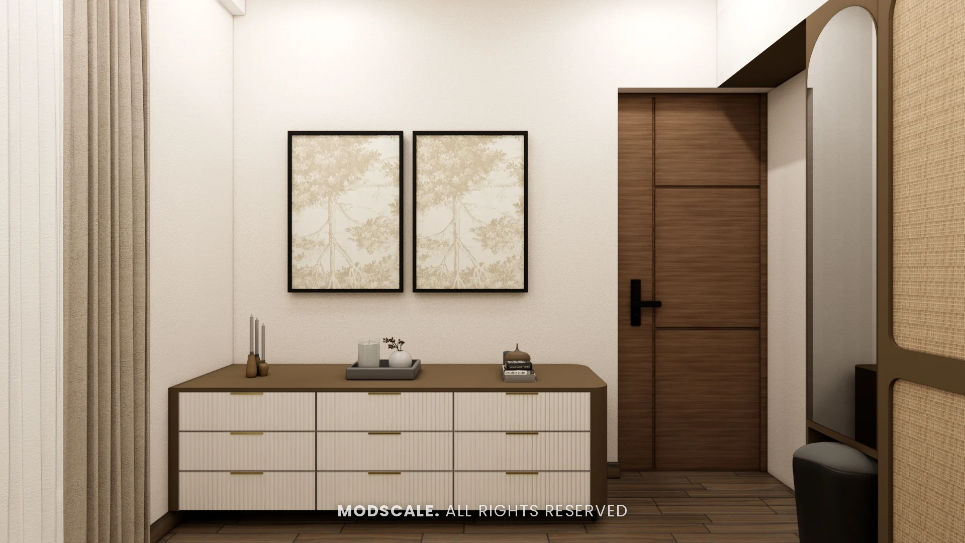 Fluted cream chest of drawers below framed prints, Annu’s villa interior at Purva Woodfield, Chandapura, Bengaluru