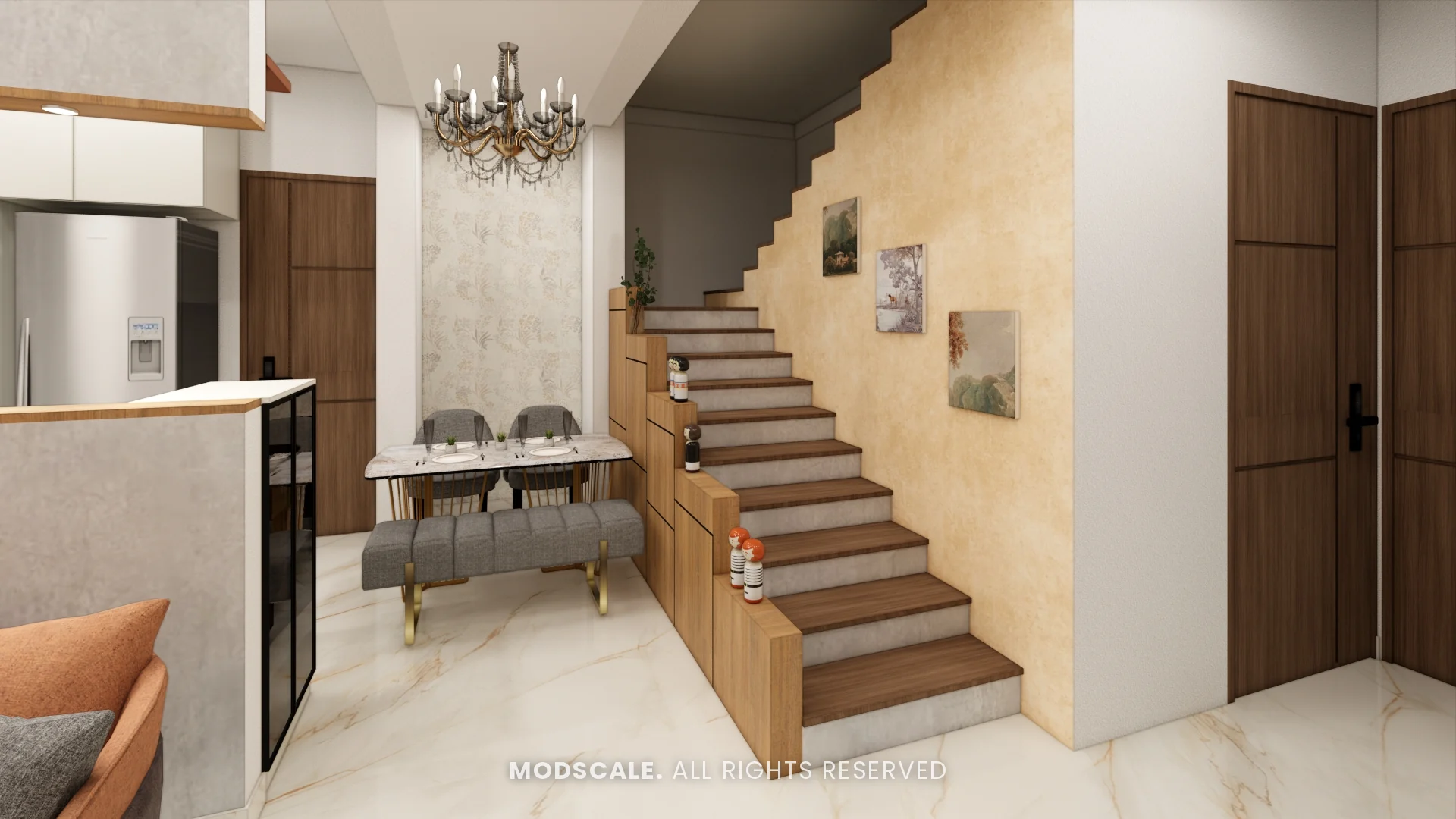 Dining nook with bench under a chandelier beside the staircase with storage steps, Annu’s villa interior at Purva Woodfield, Chandapura, Bengaluru