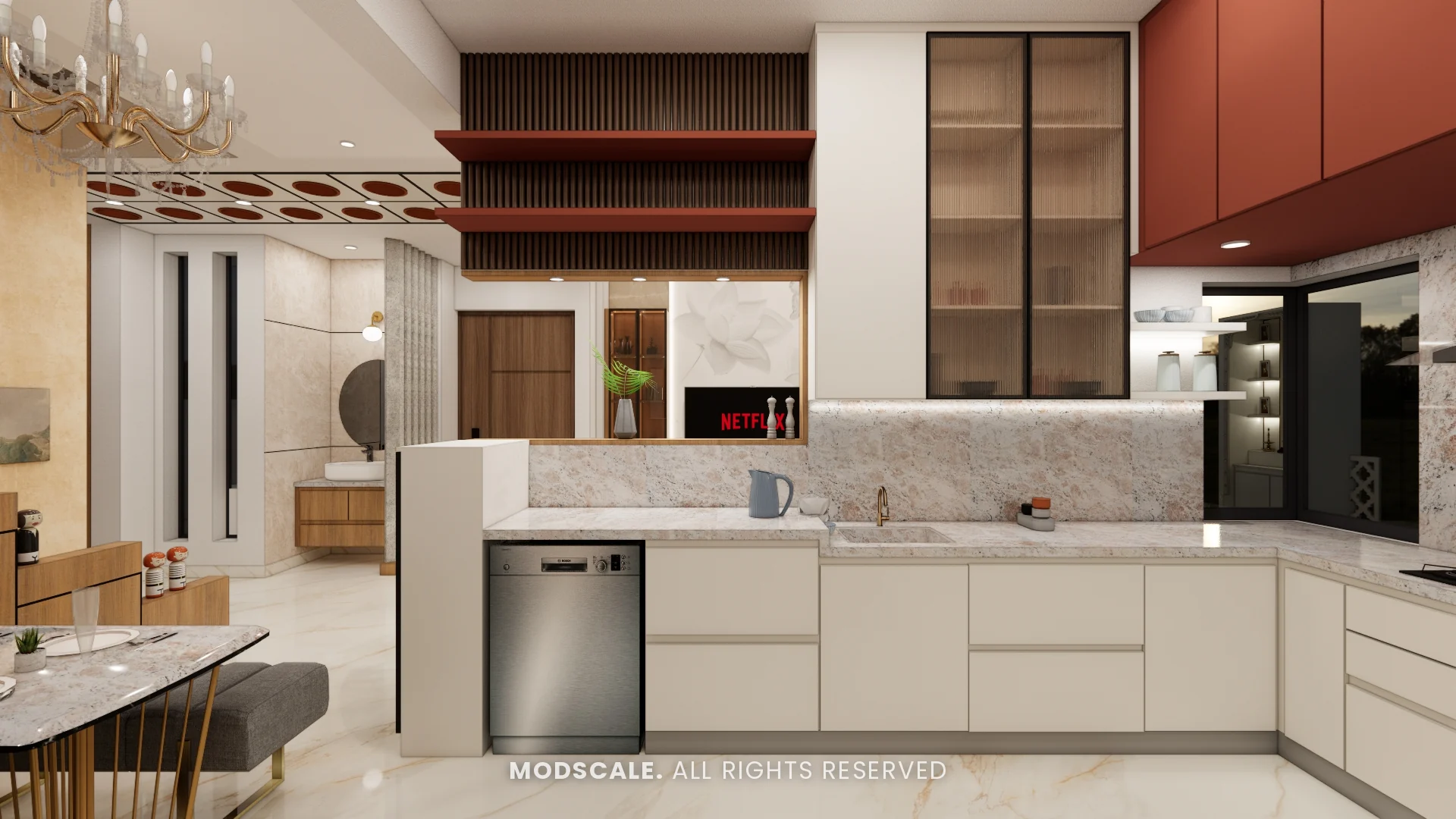Open kitchen in cream with terracotta wall units, fluted glass crockery shutters and stone counter, Annu’s villa interior at Purva Woodfield, Chandapura, Bengaluru