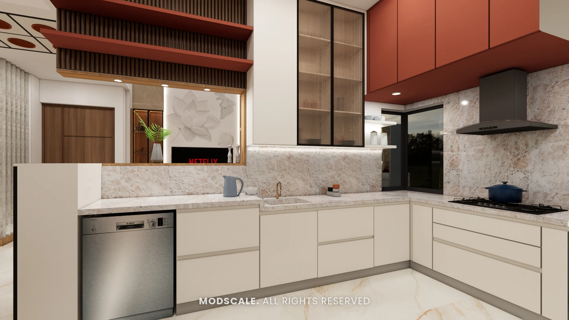 Kitchen counter run with dishwasher, corner window hob and pass-through to the living room, Annu’s villa interior at Purva Woodfield, Chandapura, Bengaluru
