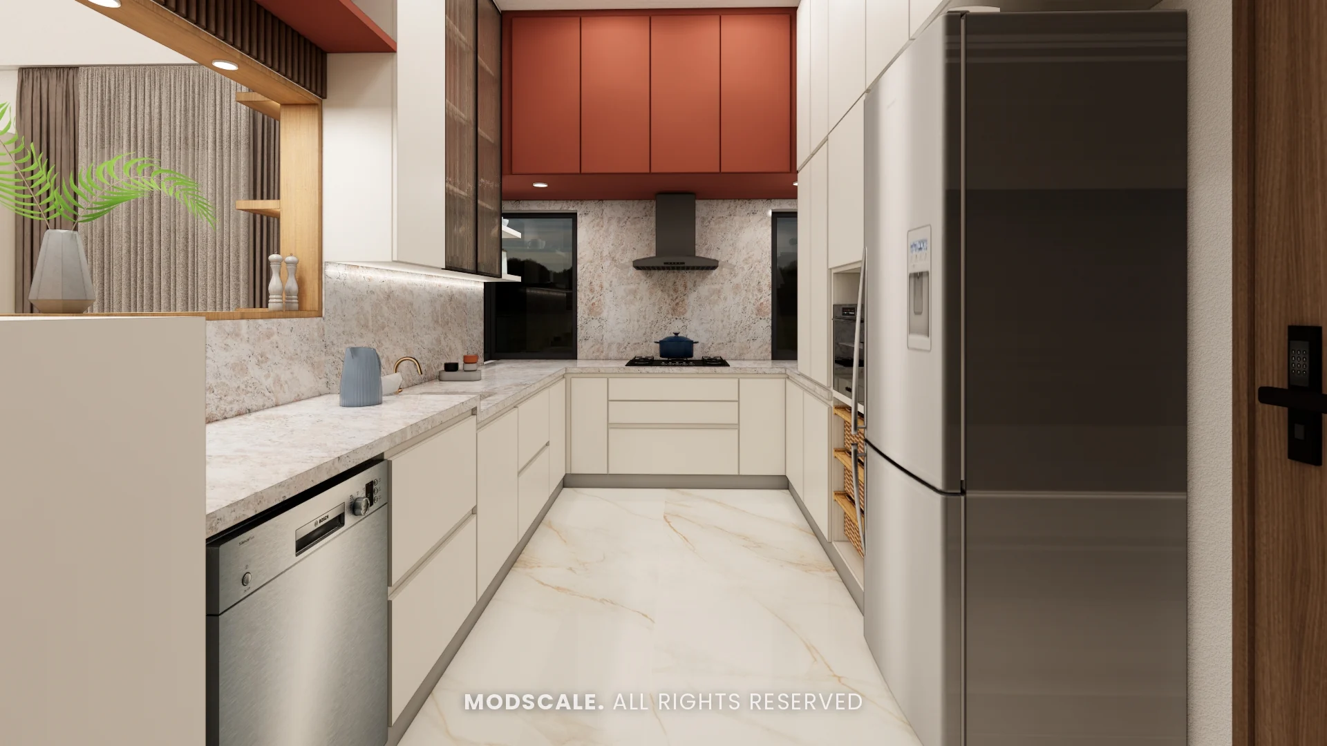 U-shaped kitchen with cream drawers, terracotta lofts and refrigerator niche, Annu’s villa interior at Purva Woodfield, Chandapura, Bengaluru