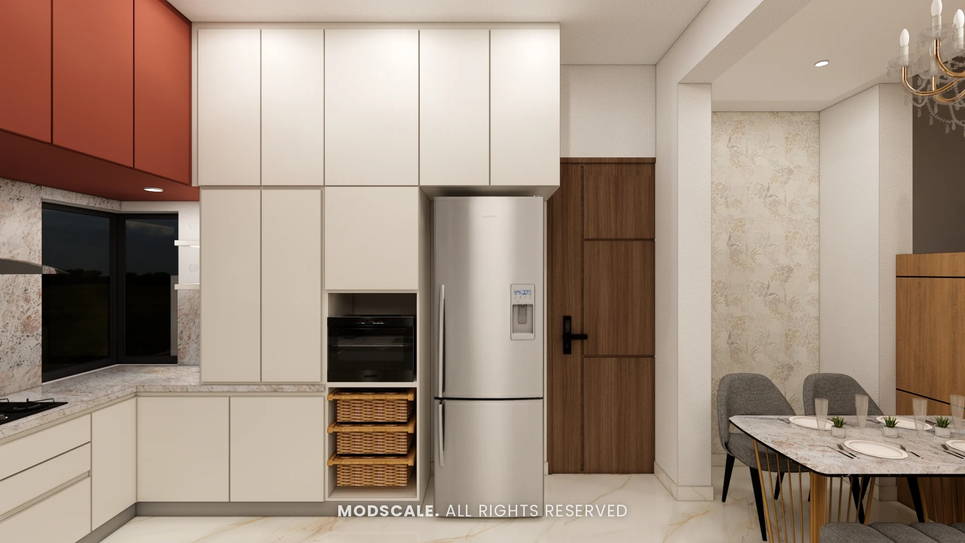 Tall kitchen wall with built-in oven, wicker baskets and refrigerator, Annu’s villa interior at Purva Woodfield, Chandapura, Bengaluru