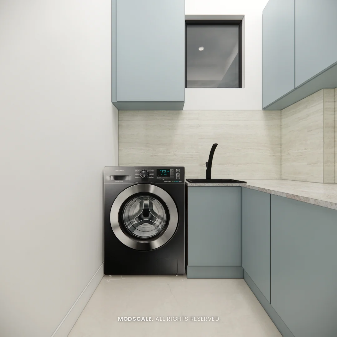 Laundry room with blue-grey cabinets, sink counter and washing machine, Annu’s villa interior at Purva Woodfield, Chandapura, Bengaluru