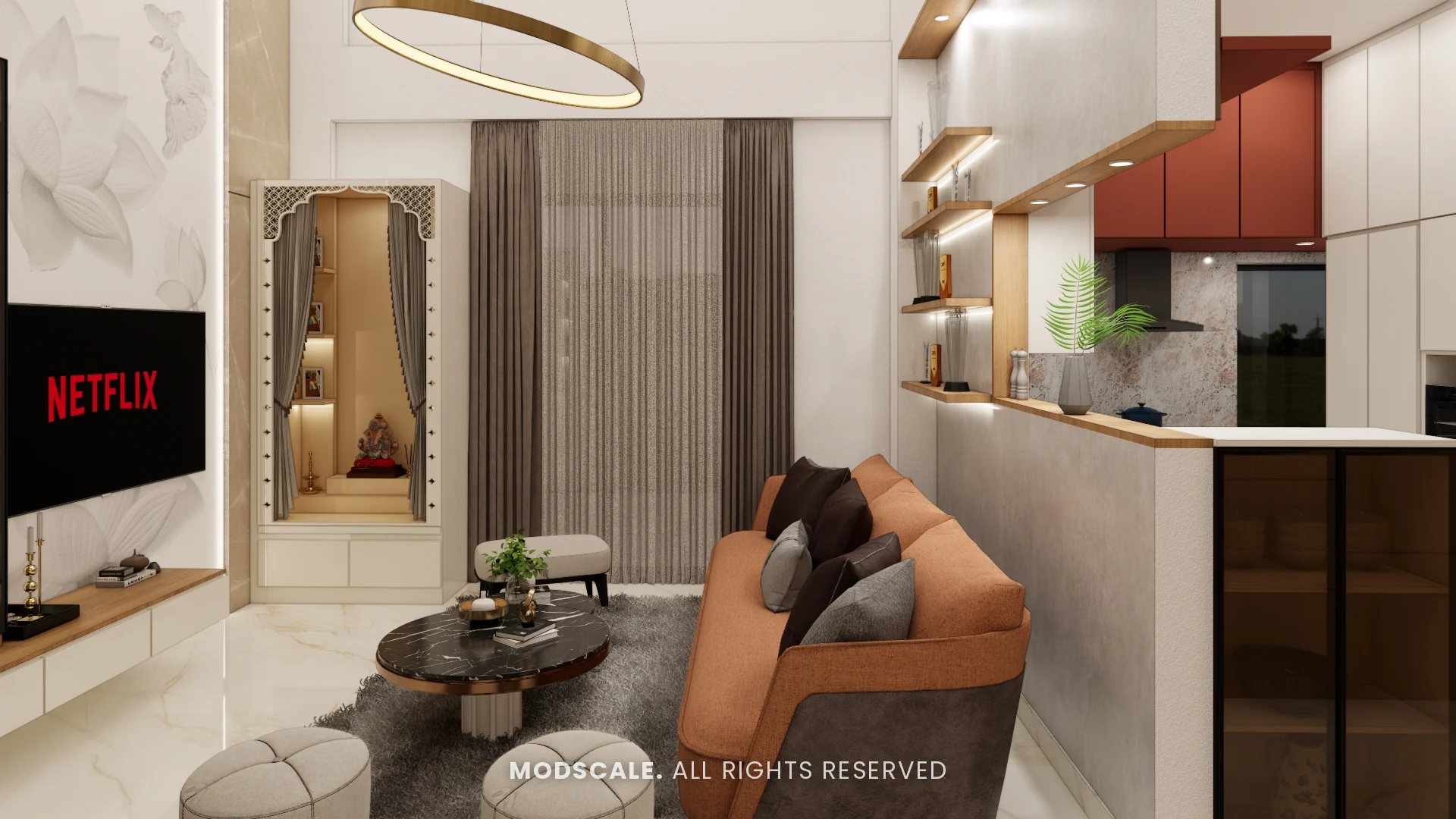 Living room with ring pendant light, pooja unit by the curtains and kitchen counter alongside, Annu’s villa interior at Purva Woodfield, Chandapura, Bengaluru