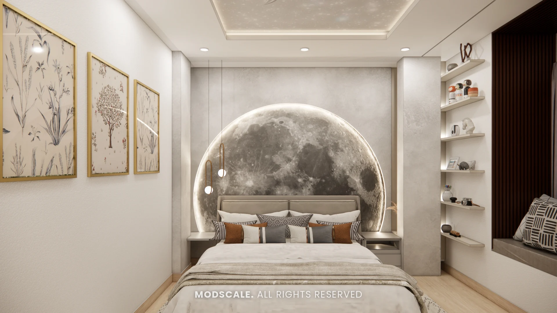 Master bedroom with backlit moon feature wall, botanical prints and open shelves, Annu’s villa interior at Purva Woodfield, Chandapura, Bengaluru