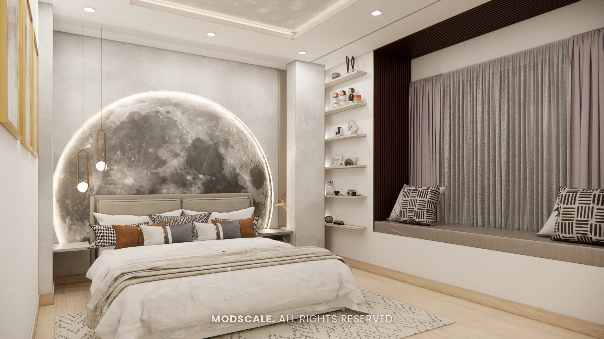 Master bedroom with moon feature wall and framed window seat, Annu’s villa interior at Purva Woodfield, Chandapura, Bengaluru