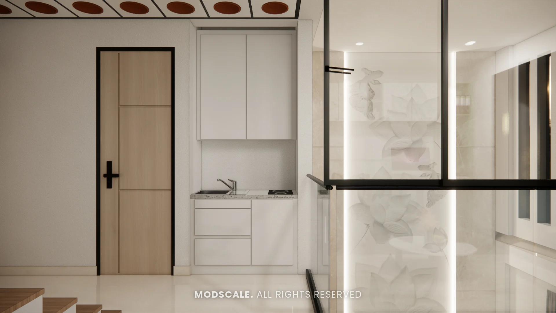 Compact pantry counter with sink and wall cabinet on the upper landing, Annu’s villa interior at Purva Woodfield, Chandapura, Bengaluru