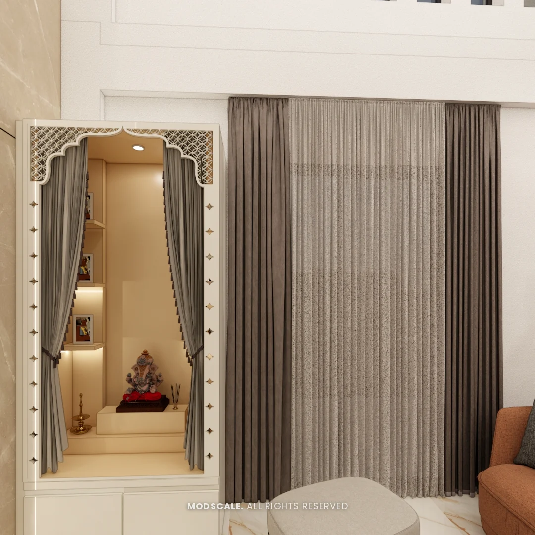 Pooja unit with jaali arch, tasselled curtains and warm lighting, Annu’s villa interior at Purva Woodfield, Chandapura, Bengaluru