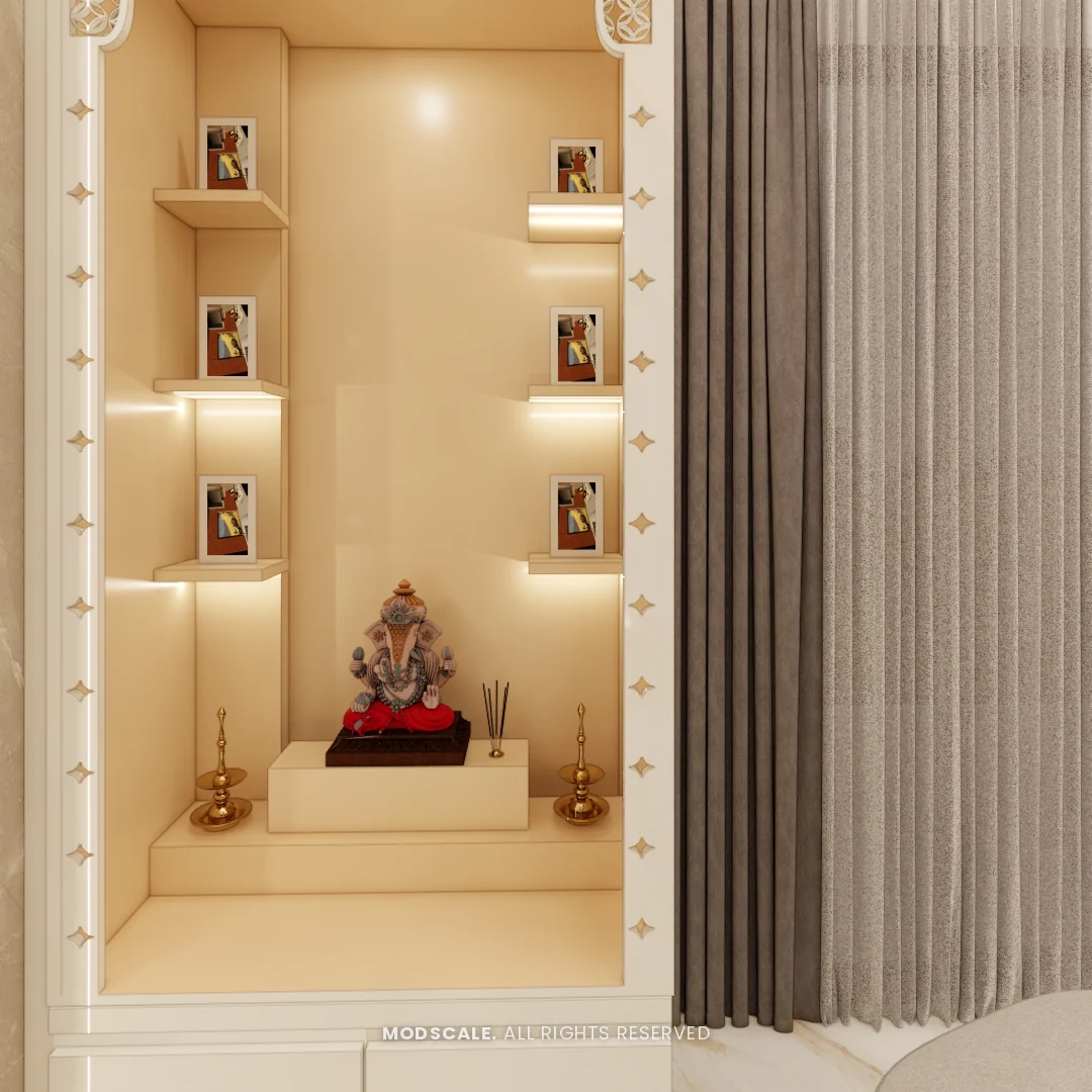 Pooja unit interior with lit side shelves and stepped platform, Annu’s villa interior at Purva Woodfield, Chandapura, Bengaluru