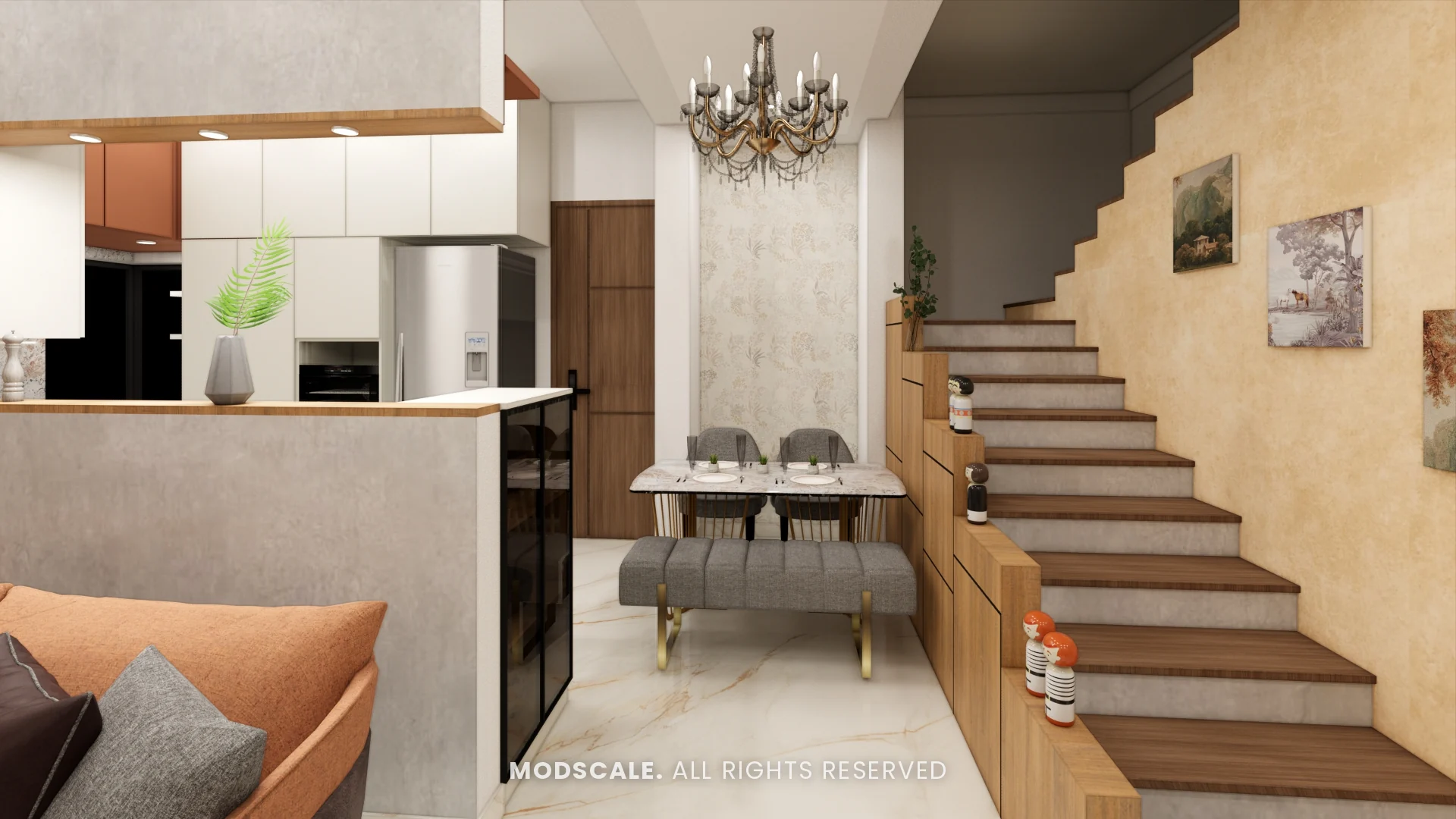Staircase with wooden treads and built-in storage drawers along its side, Annu’s villa interior at Purva Woodfield, Chandapura, Bengaluru
