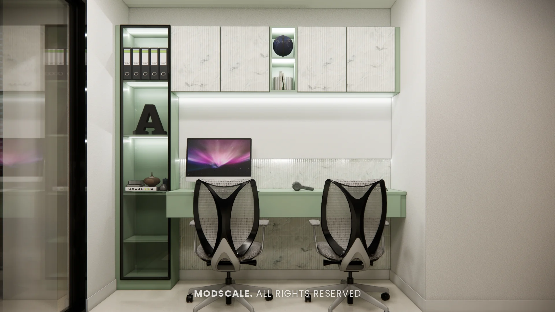 Study with sage green desk for two, marble-finish wall cabinets and lit shelves, Annu’s villa interior at Purva Woodfield, Chandapura, Bengaluru