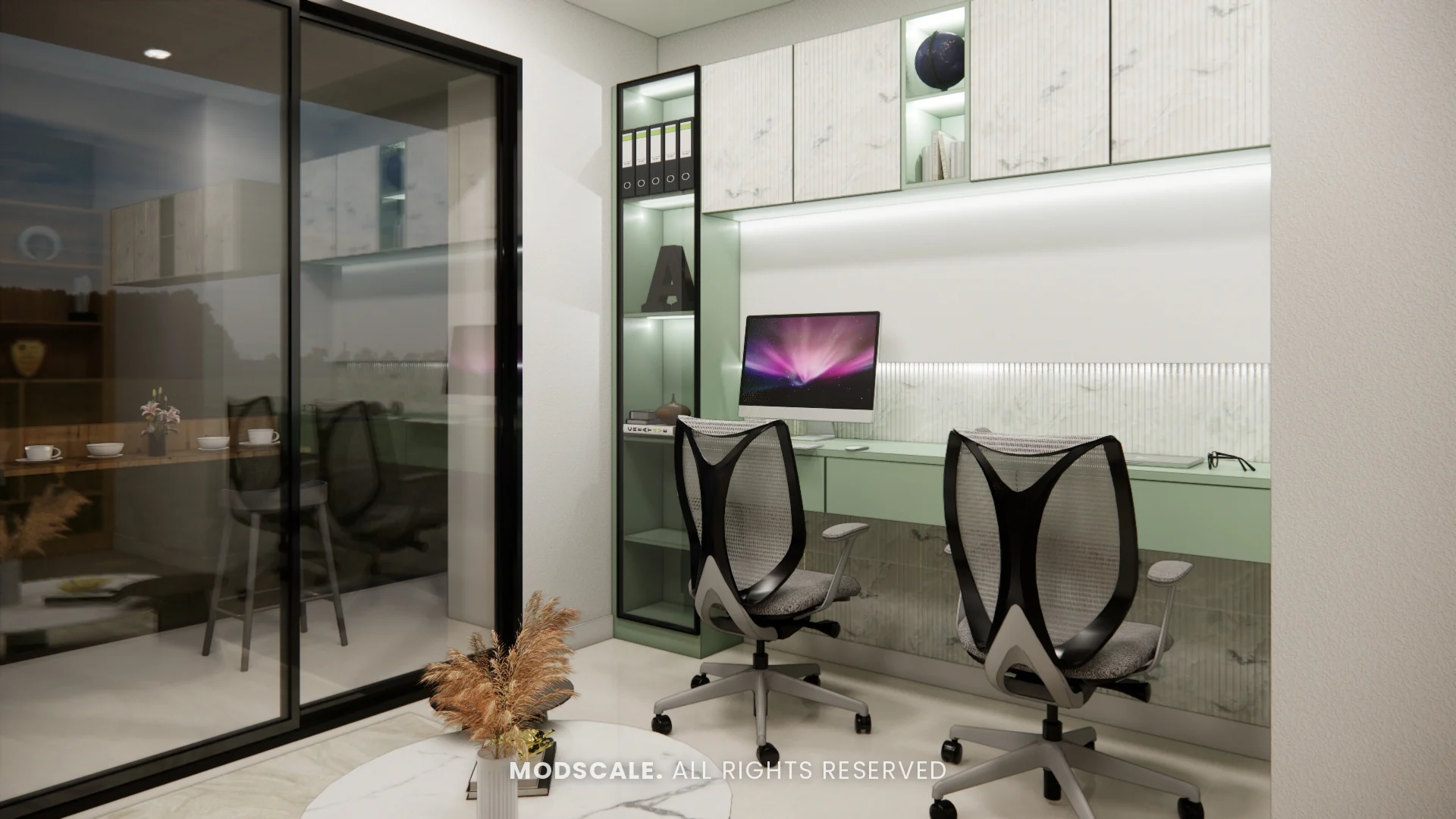Study seen with its glass sliding partition, Annu’s villa interior at Purva Woodfield, Chandapura, Bengaluru