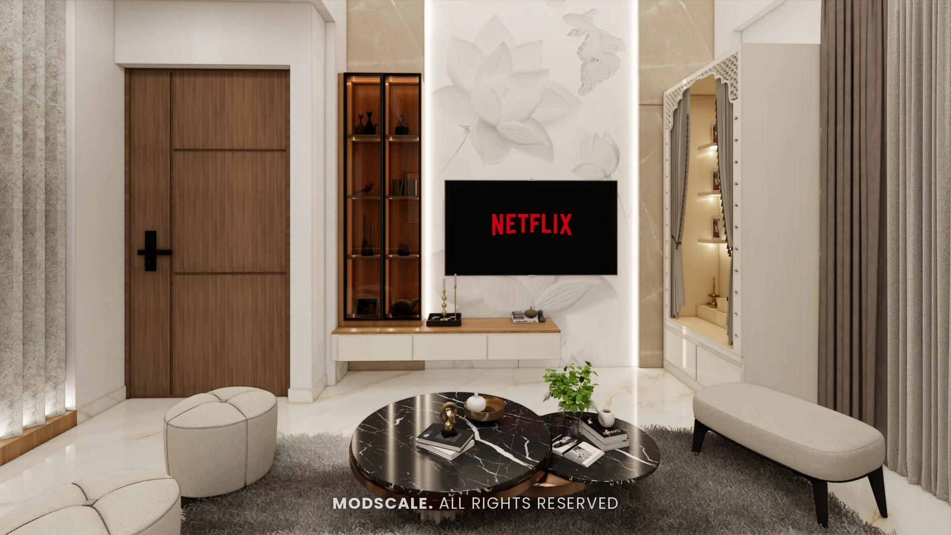 TV wall with white lotus relief panel, floating ledge and lit glass display unit, Annu’s villa interior at Purva Woodfield, Chandapura, Bengaluru