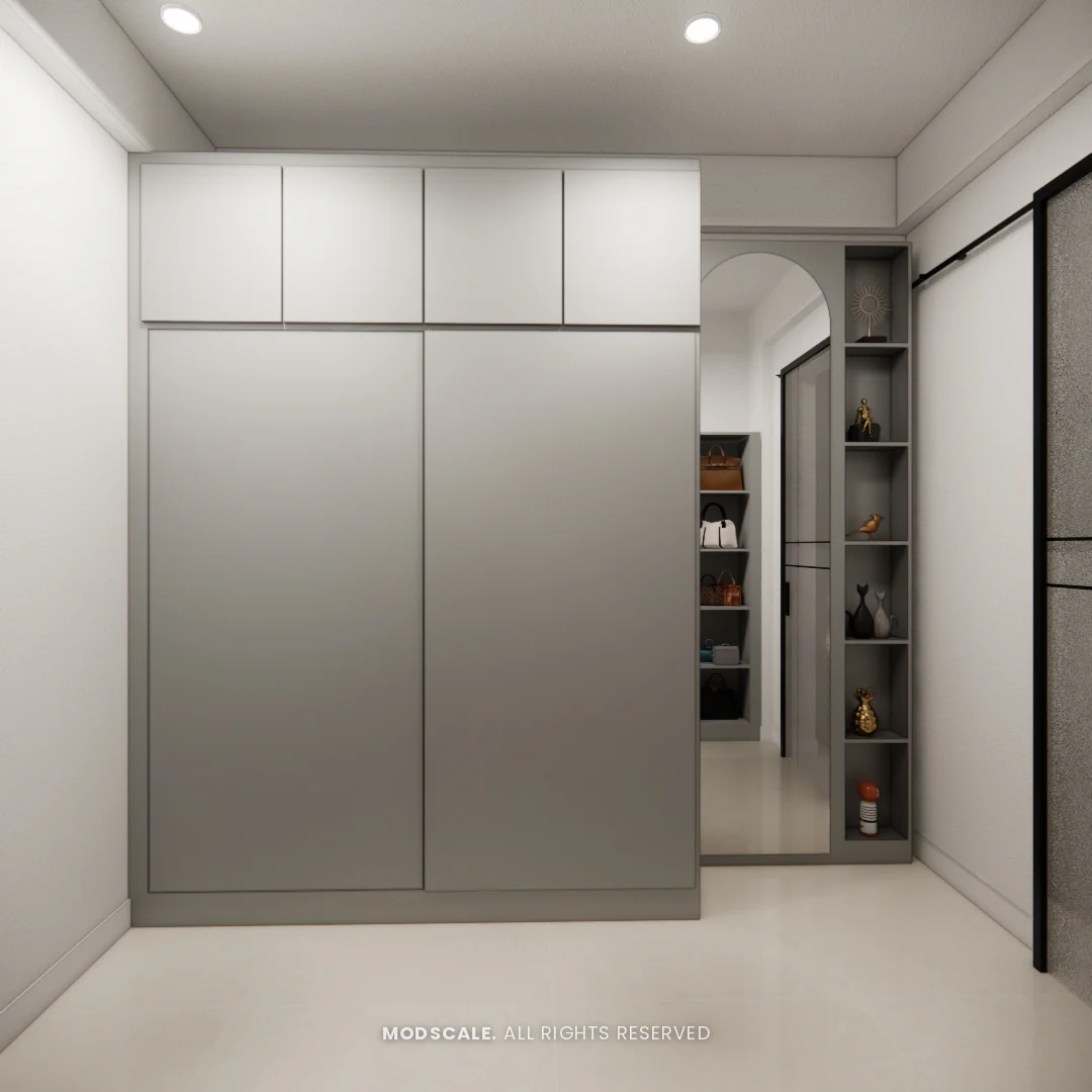 Dressing area with grey wardrobes and open bag display tower, Annu’s villa interior at Purva Woodfield, Chandapura, Bengaluru