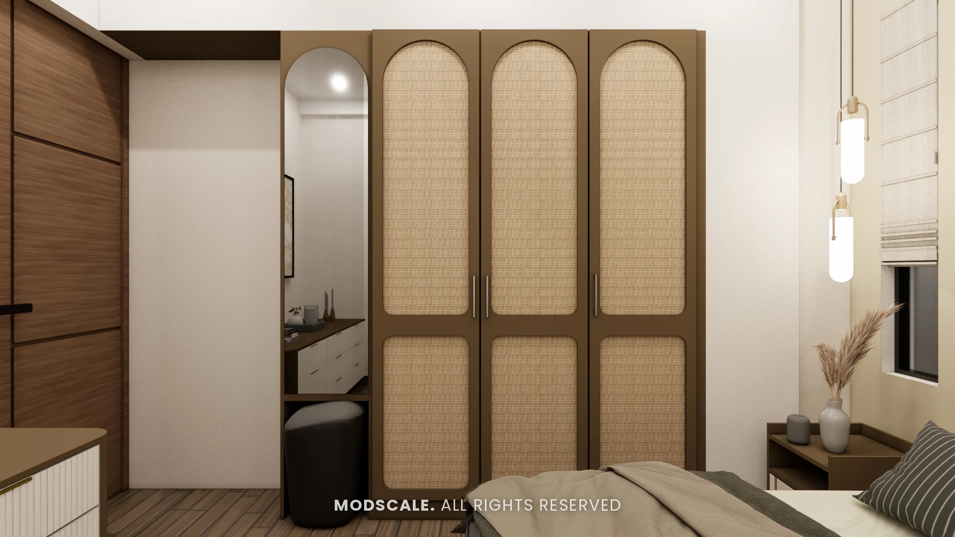 Arched cane-panel wardrobe with dresser mirror niche, Annu’s villa interior at Purva Woodfield, Chandapura, Bengaluru