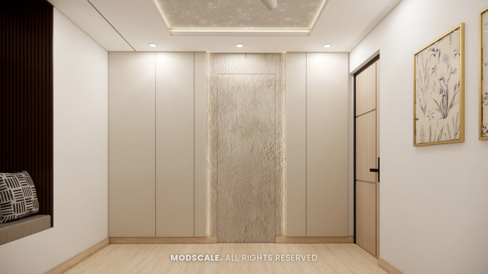 Beige wardrobe wall with textured centre panel under a starlit ceiling, Annu’s villa interior at Purva Woodfield, Chandapura, Bengaluru